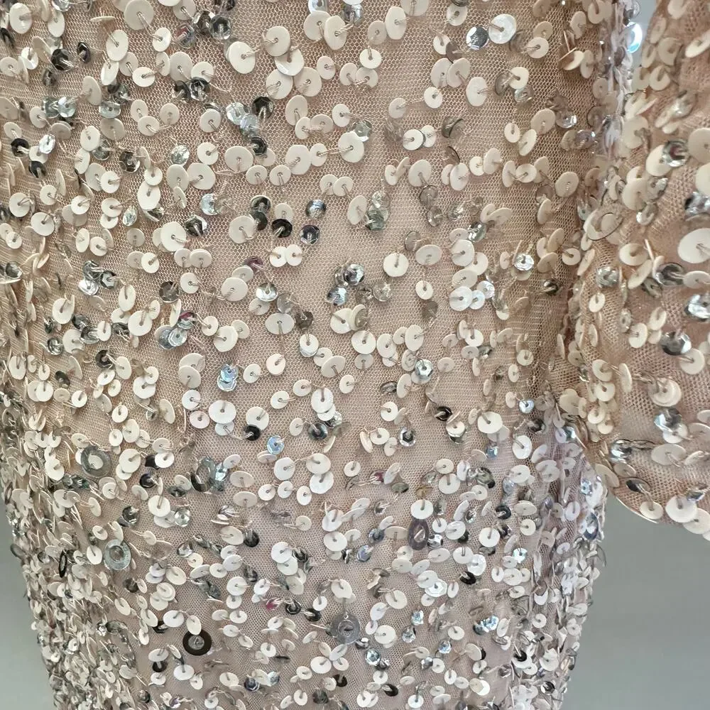 Adrianna Papell 3/4 Sleeve Scoop Back Champagne Sequin‎ Maxi Gown Size 4
